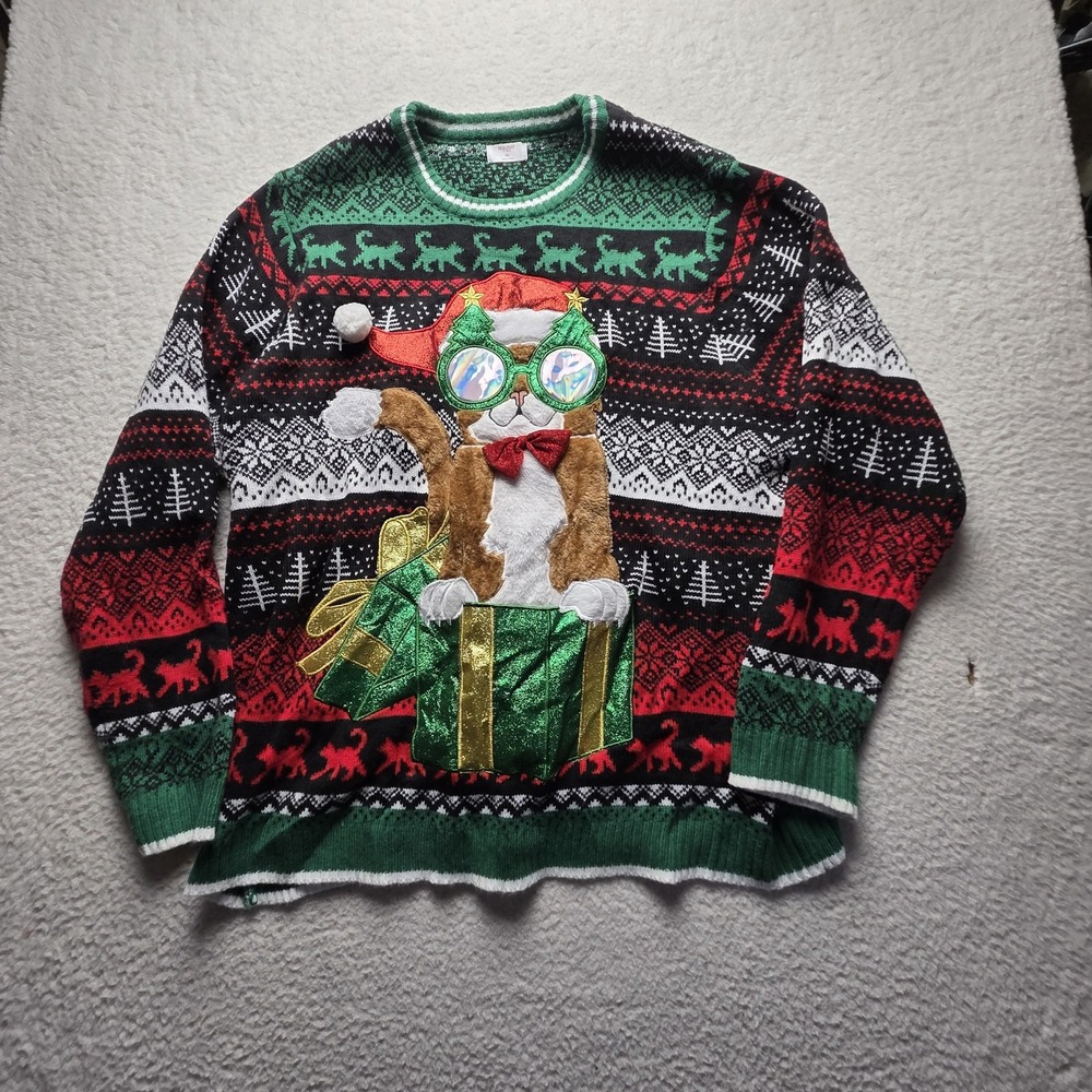 Holiday Time Sweater Mens 3XL Cat Ugly Christmas Crewneck Knit Pullover Funny
